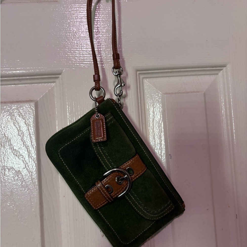 Coach Forest Green Suede Wristlet with Brown Leather